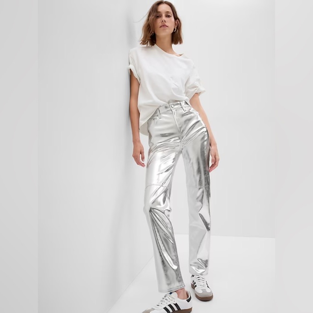 Gap Cheeky Straight High Rise Silver Metallic Vegan Leather Pants
